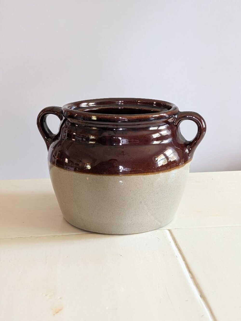 Antique Monmouth USA Stoneware Bean Pot Crock Maple Leaf 1930s 6" x 9" Cottage